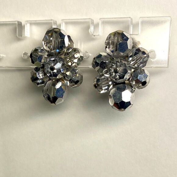 Earrings – Vintage 1950s Signed Sherman Silver Crystal Cluster Clip-Ons - Picture 1 of 3